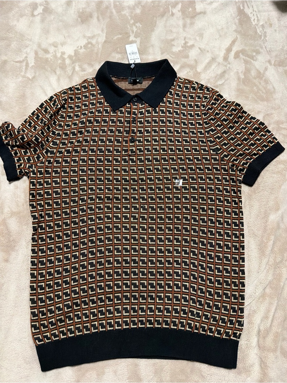 Express Men's Geometric Polo - Black & Brown NWT Size Medium